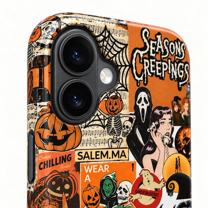 Close-up of iPhone camera protection on Salem Halloween collage case