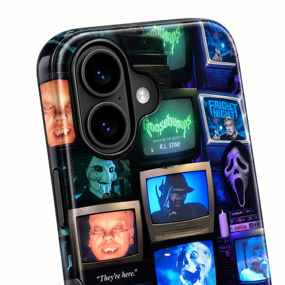 Connected iPhone camera housing on Horror TV collage case