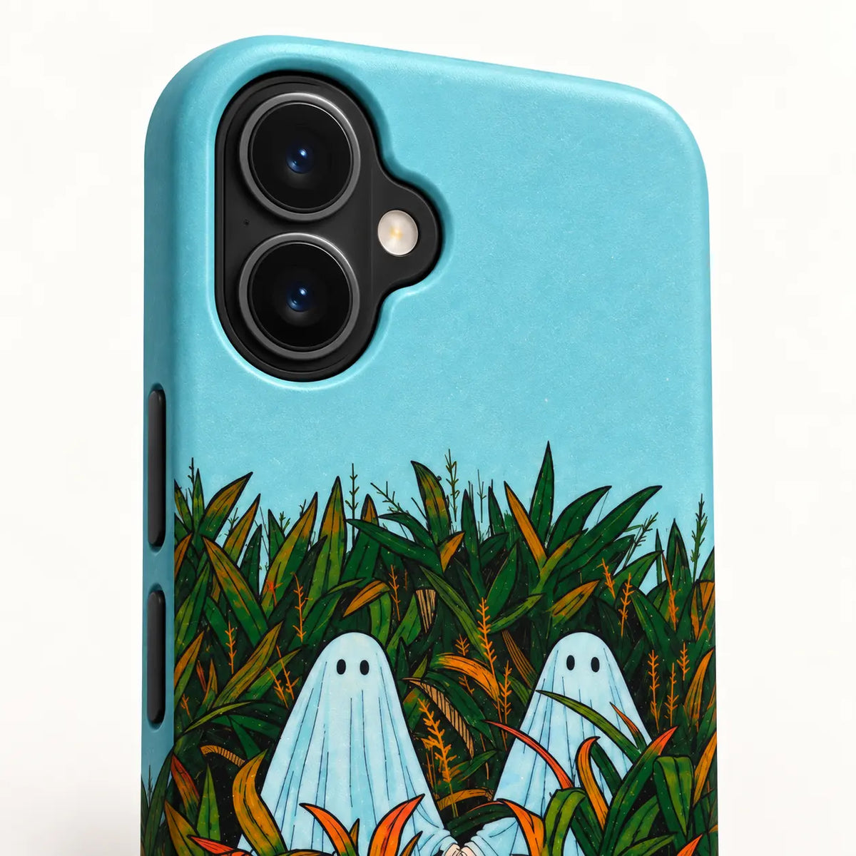 Connected iPhone dual-camera housing detail on blue cornfield ghost phone case