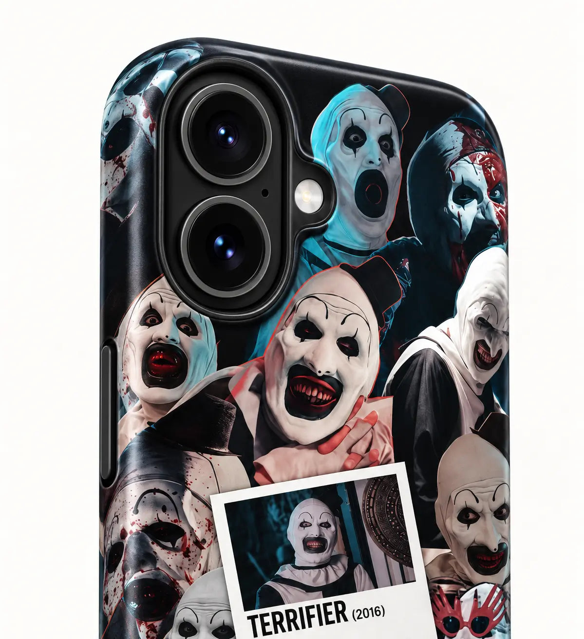 Connected iPhone dual-camera housing detail on Terrifier 2016 phone case