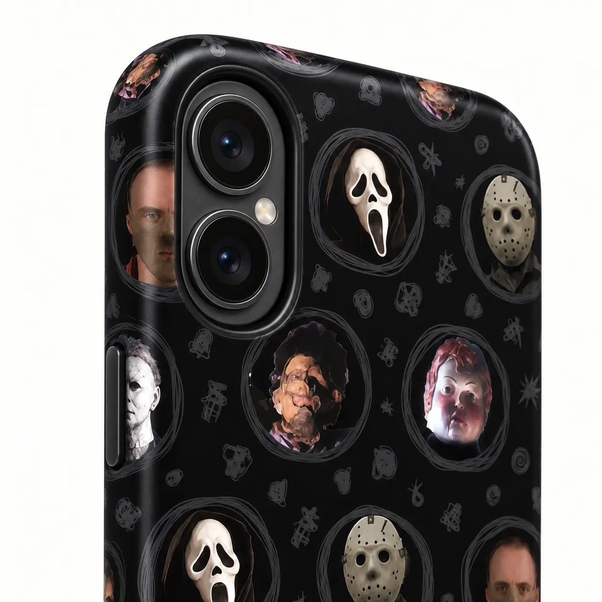 Close-up of connected iPhone camera housing on horror movie mask phone case