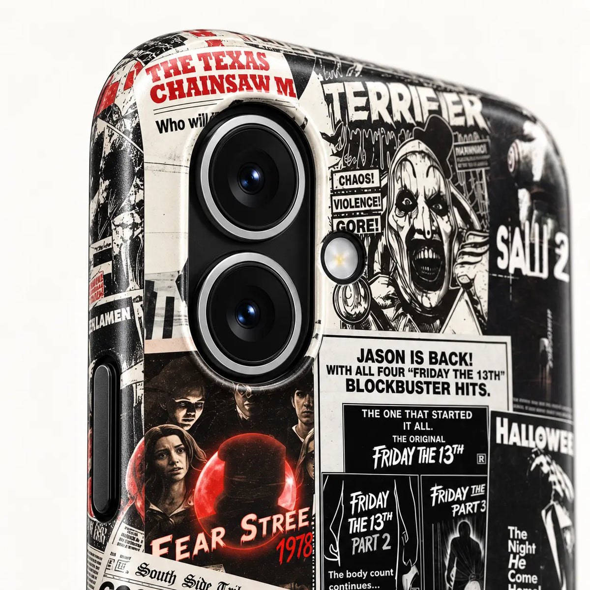 Close-up of raised iPhone 16 camera protection on horror collage phone case