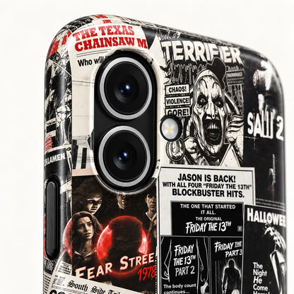 Close-up of raised iPhone 16 camera protection on horror collage phone case