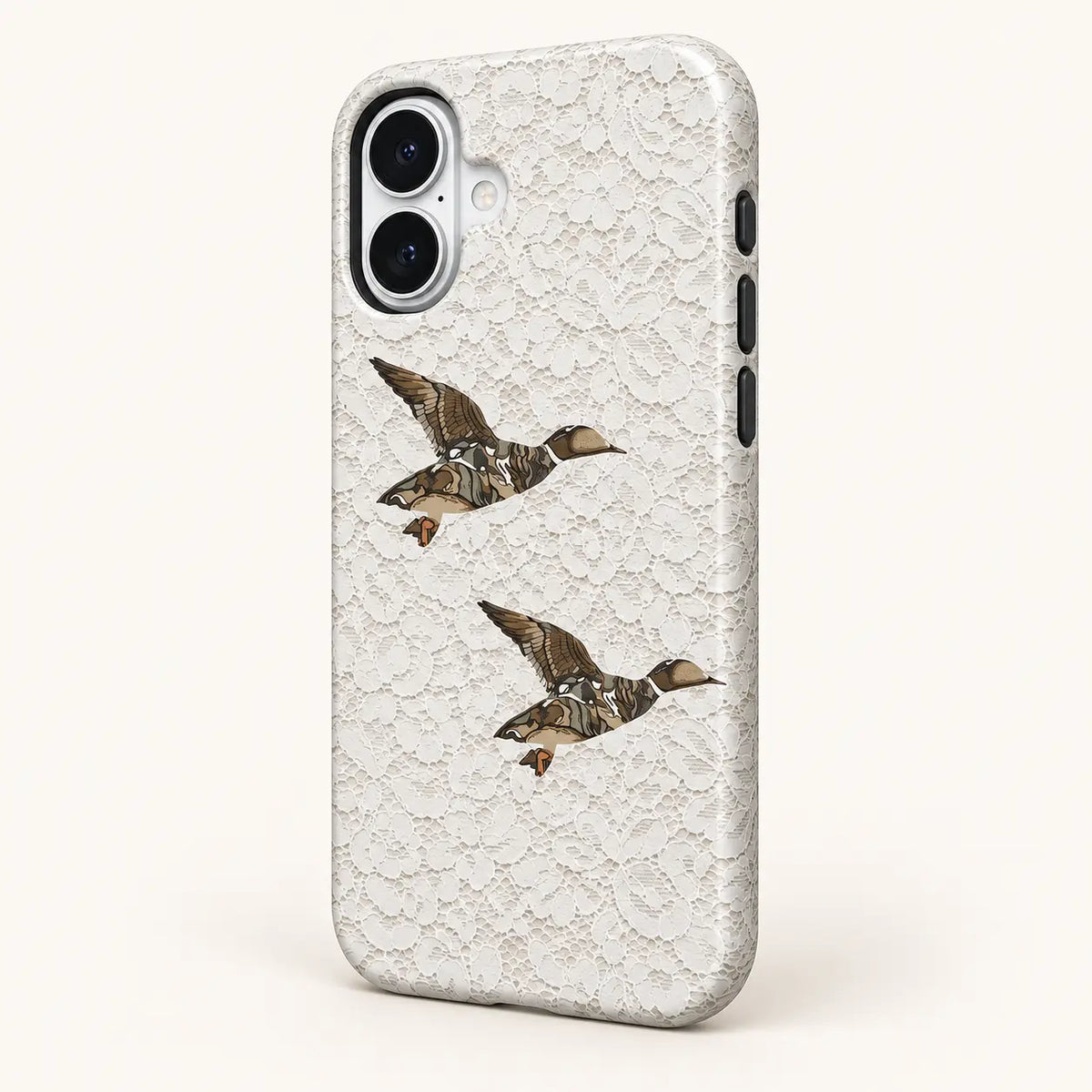 Angled iPhone side view showing continuous edge print: white floral lace print; two camouflage ducks.
