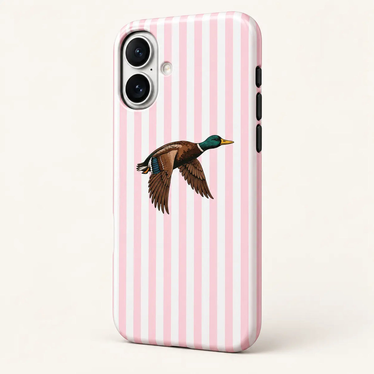 04-iphone-side-detail.png: Angled iPhone side view showing continuous edge print: pink and white vertical stripes; one right-facing mallard with lowered wings.
