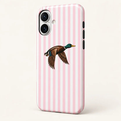 04-iphone-side-detail.png: Angled iPhone side view showing continuous edge print: pink and white vertical stripes; one right-facing mallard with lowered wings.