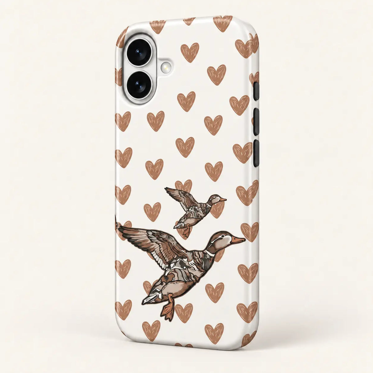 Angled iPhone side view showing continuous edge print: white background with sketch-style tan hearts; two flying ducks, one large and one small.