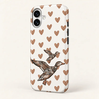 Angled iPhone side view showing continuous edge print: white background with sketch-style tan hearts; two flying ducks, one large and one small.