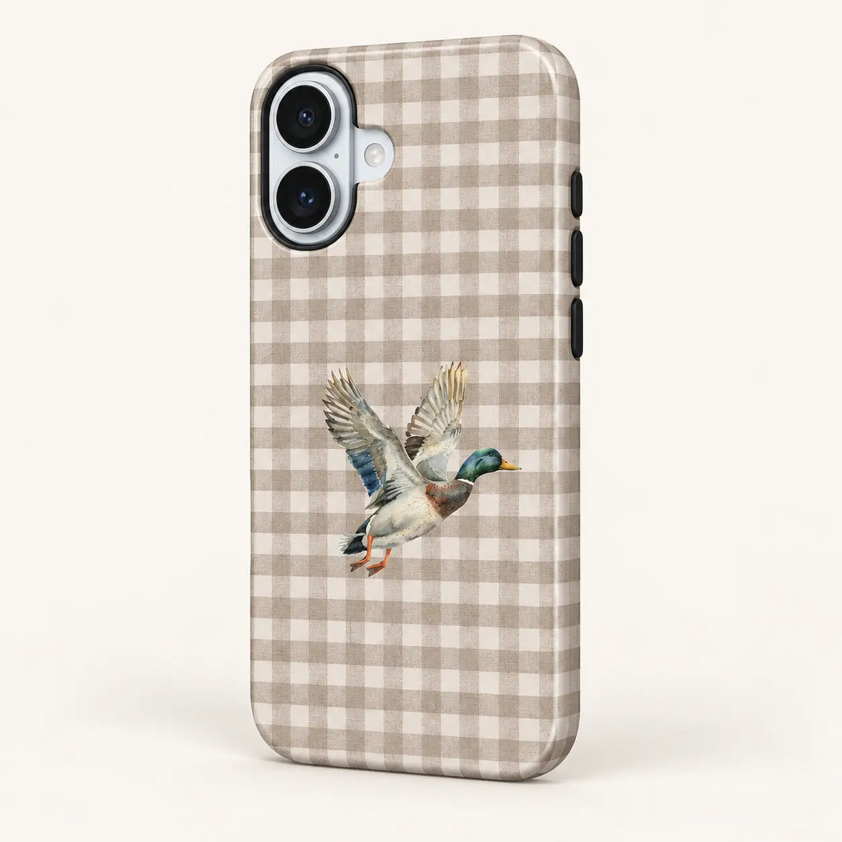 Angled iPhone side view showing continuous edge print: taupe and cream gingham checks; one watercolor mallard with raised wings.