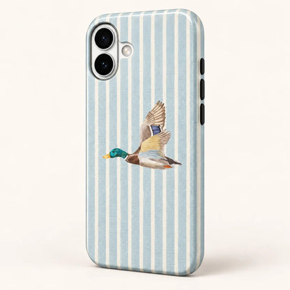 Angled iPhone side view showing continuous edge print: pale blue and cream vertical stripes; one left-facing watercolor mallard with raised wings.