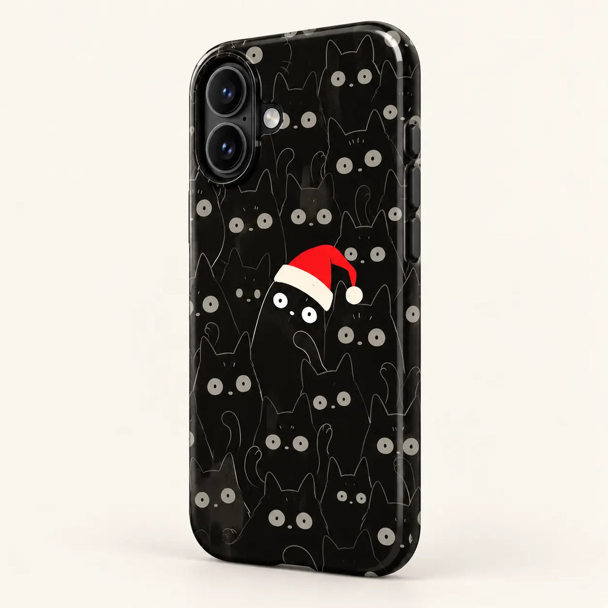 Angled side view of the black cat Christmas phone case showing the button covers and printed edge.