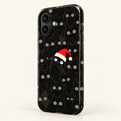 Angled side view of the black cat Christmas phone case showing the button covers and printed edge.