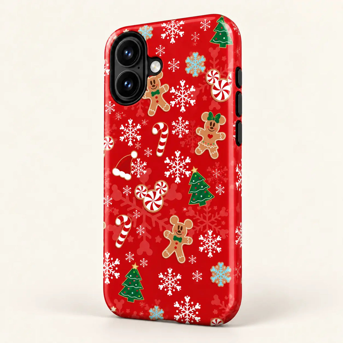 Angled side view of the red Christmas case showing printed edges and button covers.