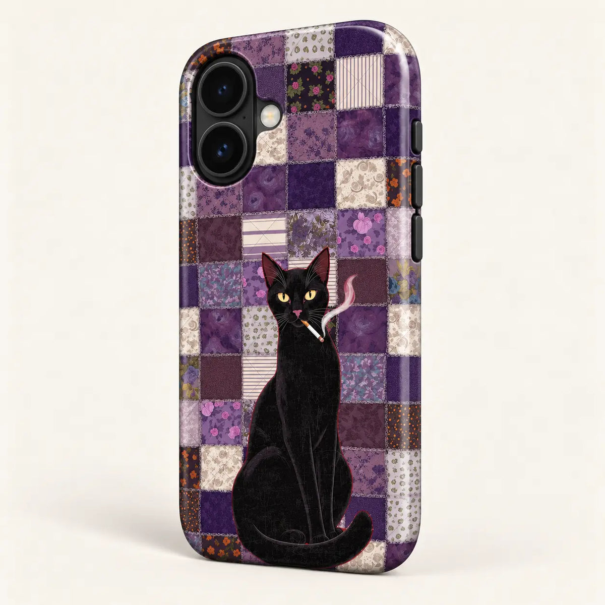 Angled view of the purple patchwork black cat case showing its printed side and button covers.