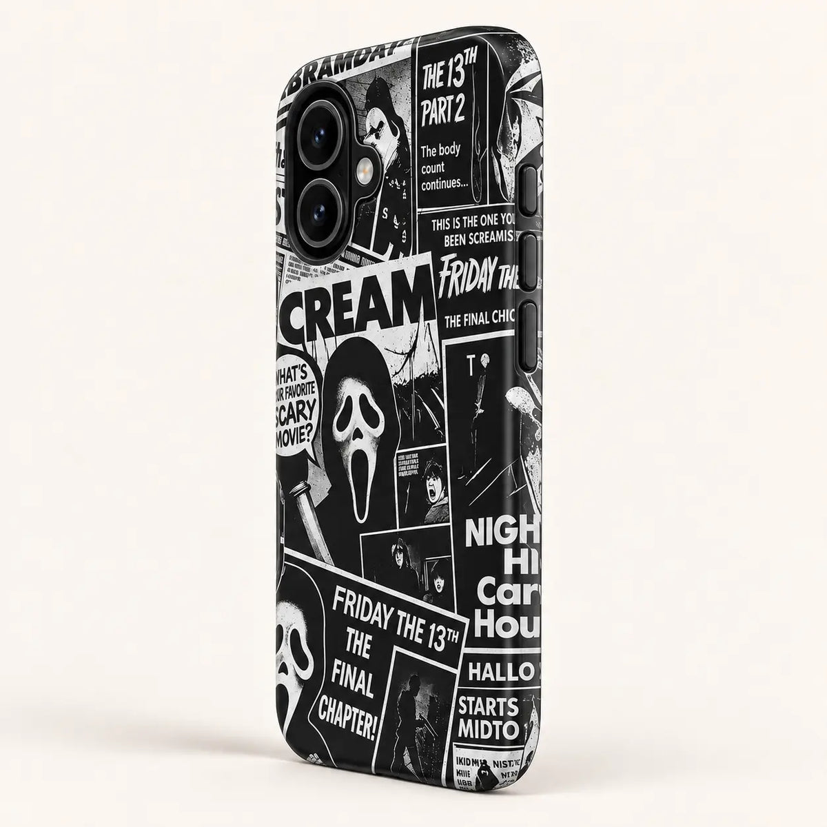 Full-wrap black and white horror newspaper collage phone case print detail