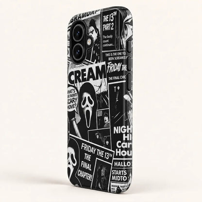 Full-wrap black and white horror newspaper collage phone case print detail
