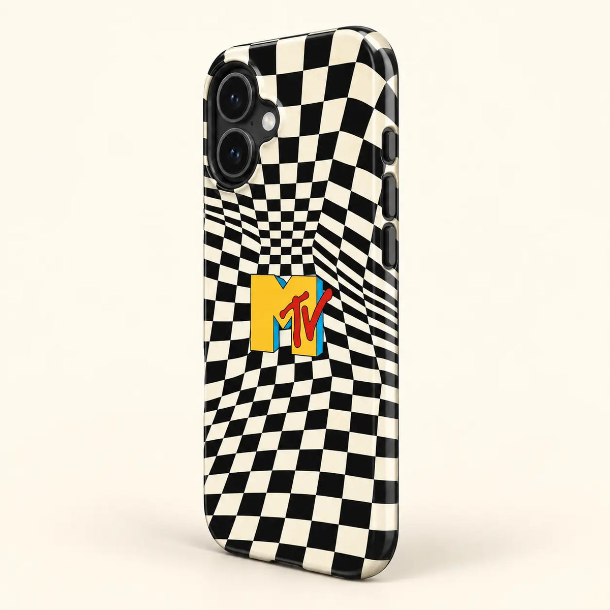 Full-wrap warped black-and-cream checkerboard phone case print detail