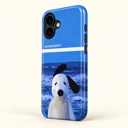 Full-wrap blue ocean wave and white dog phone case print detail