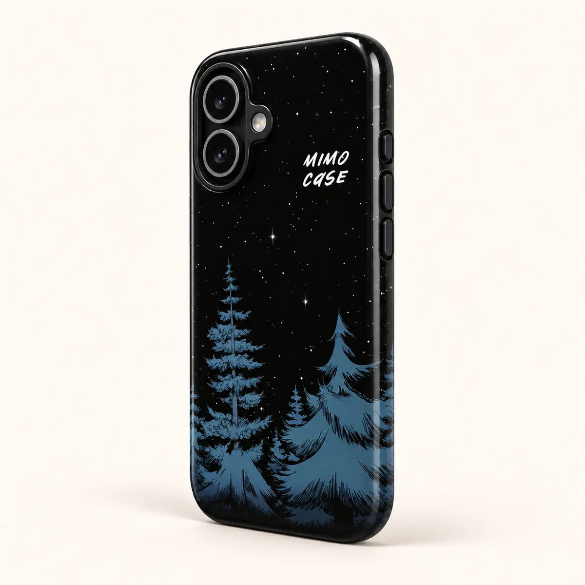 Side view of midnight pine forest phone case with three button covers