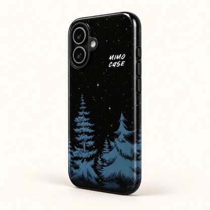 Side view of midnight pine forest phone case with three button covers