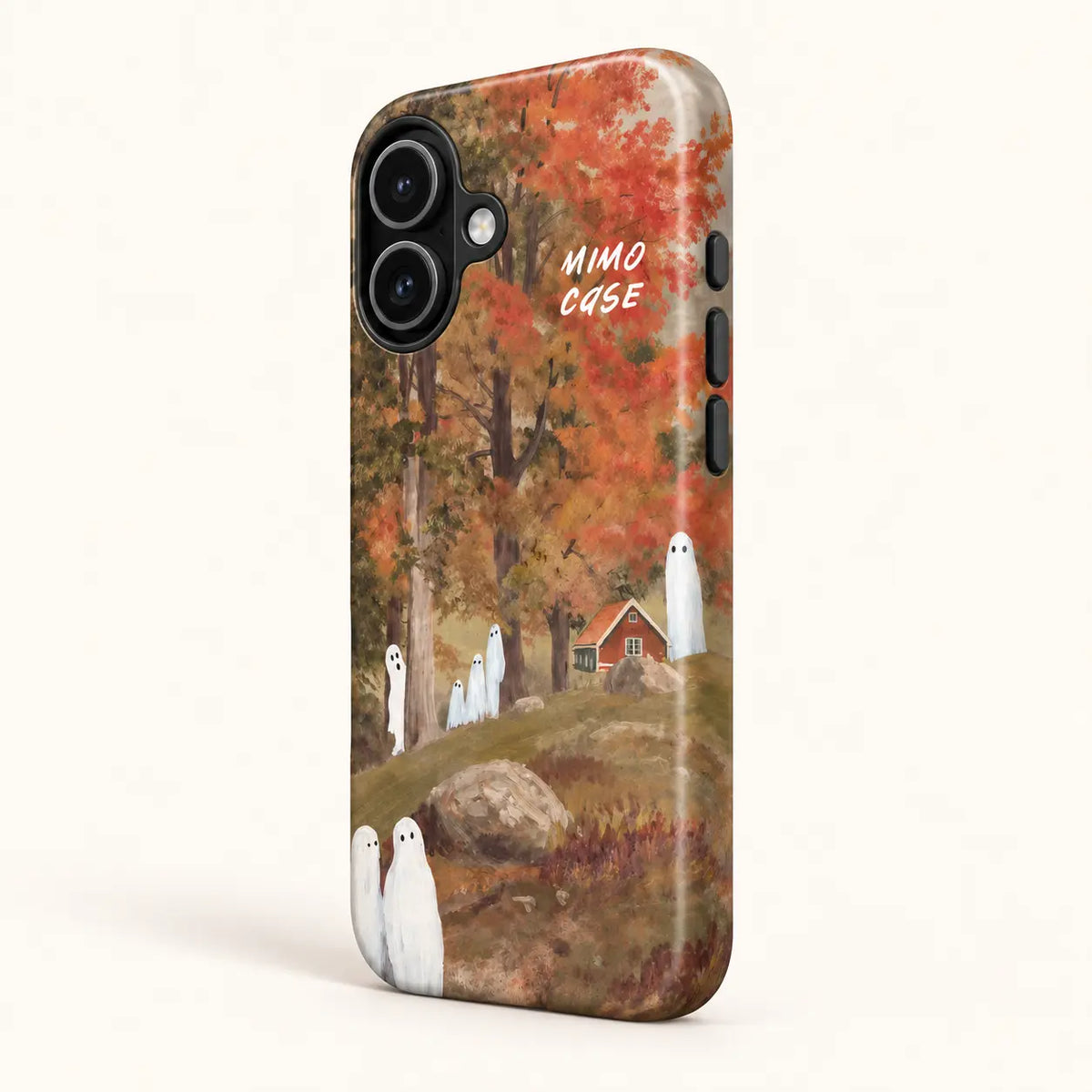 Full-wrap autumn woodland phone case print with white ghosts and red cottage