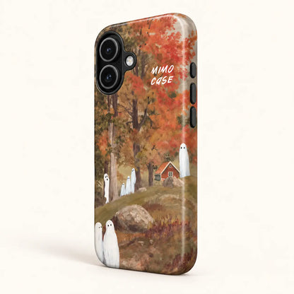 Full-wrap autumn woodland phone case print with white ghosts and red cottage