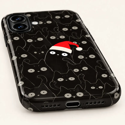 Bottom view of the black cat Christmas case showing the charging-port opening and speaker cutouts.