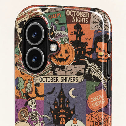 Angled close-up of the Halloween collage phone case showing the printed side edge and black side buttons