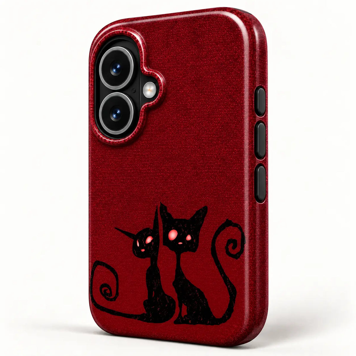 Angled view of the Crimson Cat Duo phone case showing the red side edge, black buttons and two black cat illustrations