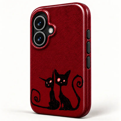 Angled view of the Crimson Cat Duo phone case showing the red side edge, black buttons and two black cat illustrations