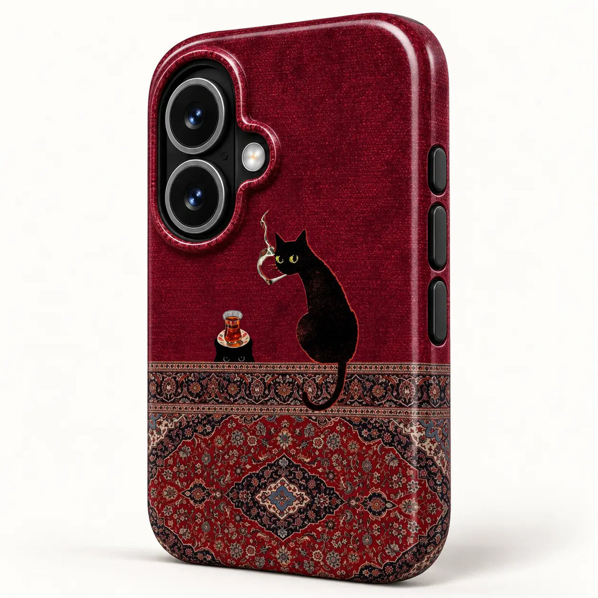 Angled view of the burgundy black cat phone case showing black side buttons and Persian rug artwork along the lower edge