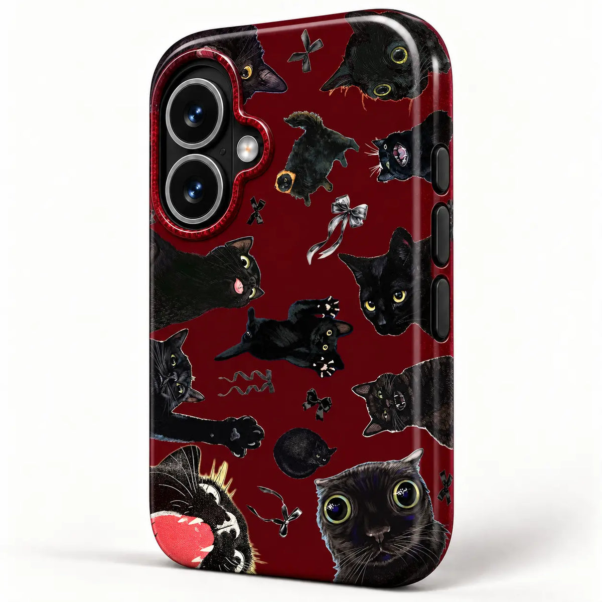 Angled view of the burgundy cat collage phone case showing black side buttons and cat artwork along the edge