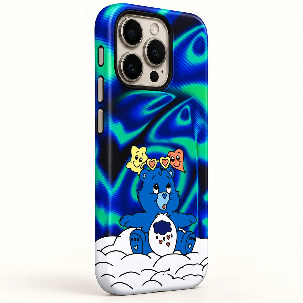 Side view showing three buttons on the Blue Holiday Bear Christmas phone case