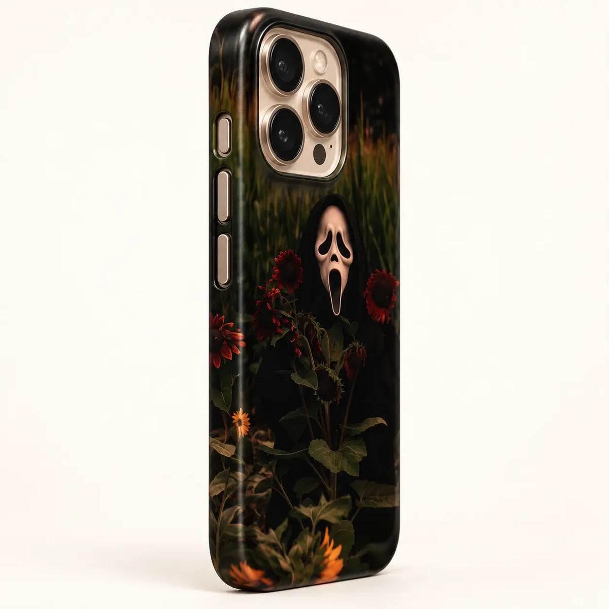 Three side button details on Ghost Sunflower Field iPhone case