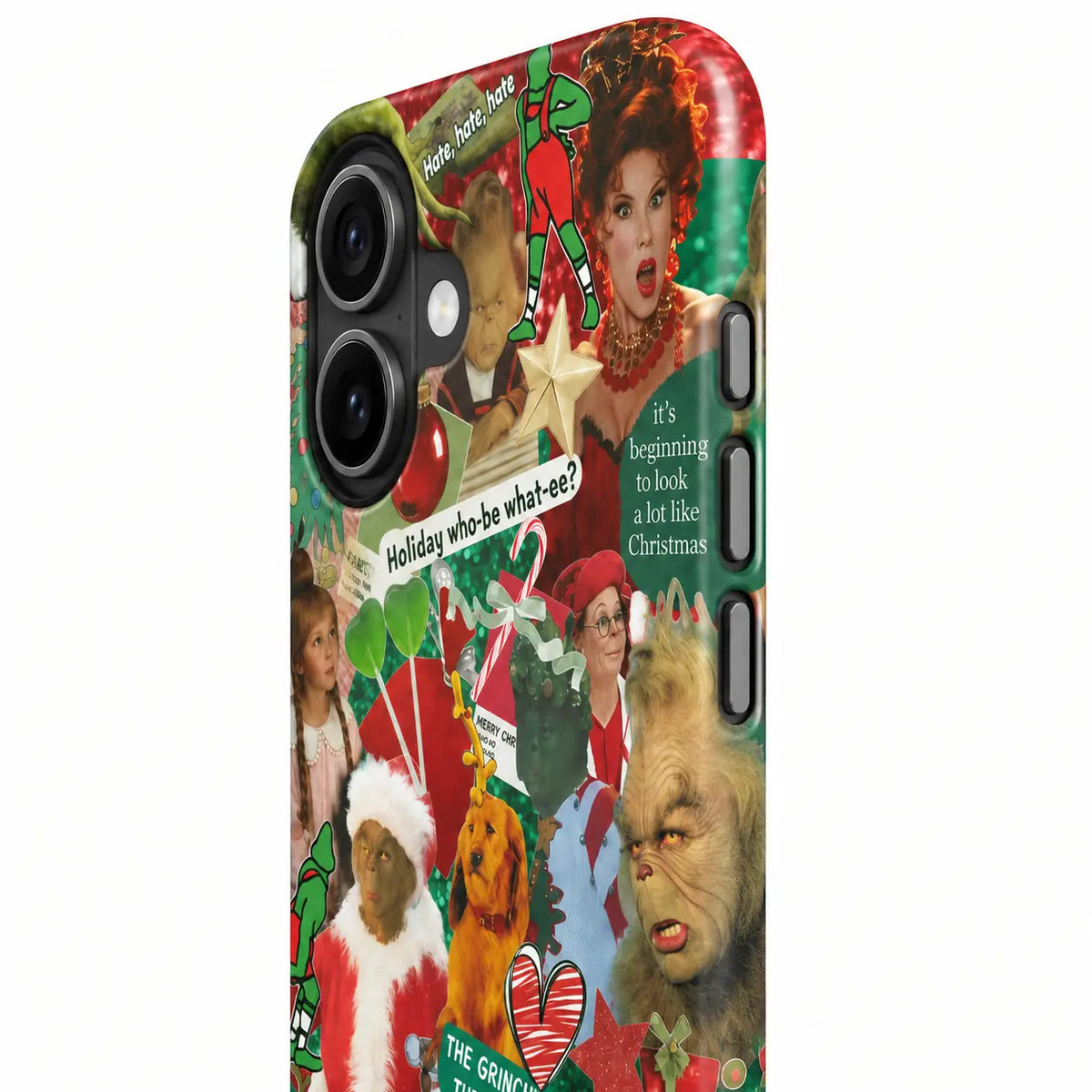 Side-button detail of the Christmas collage iPhone case with three precision buttons