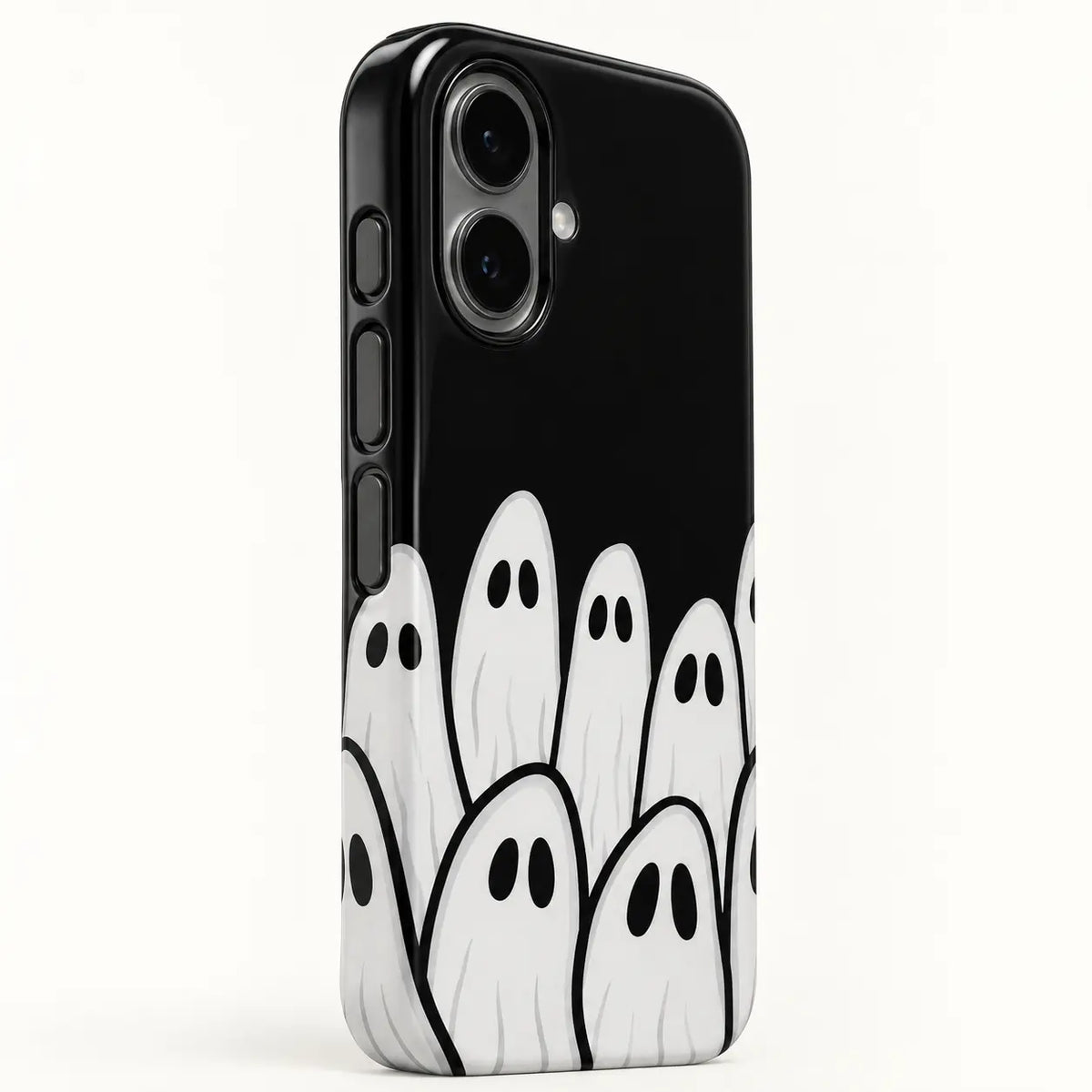 Three-button side detail of the A Bunch of Ghosts iPhone 16 case
