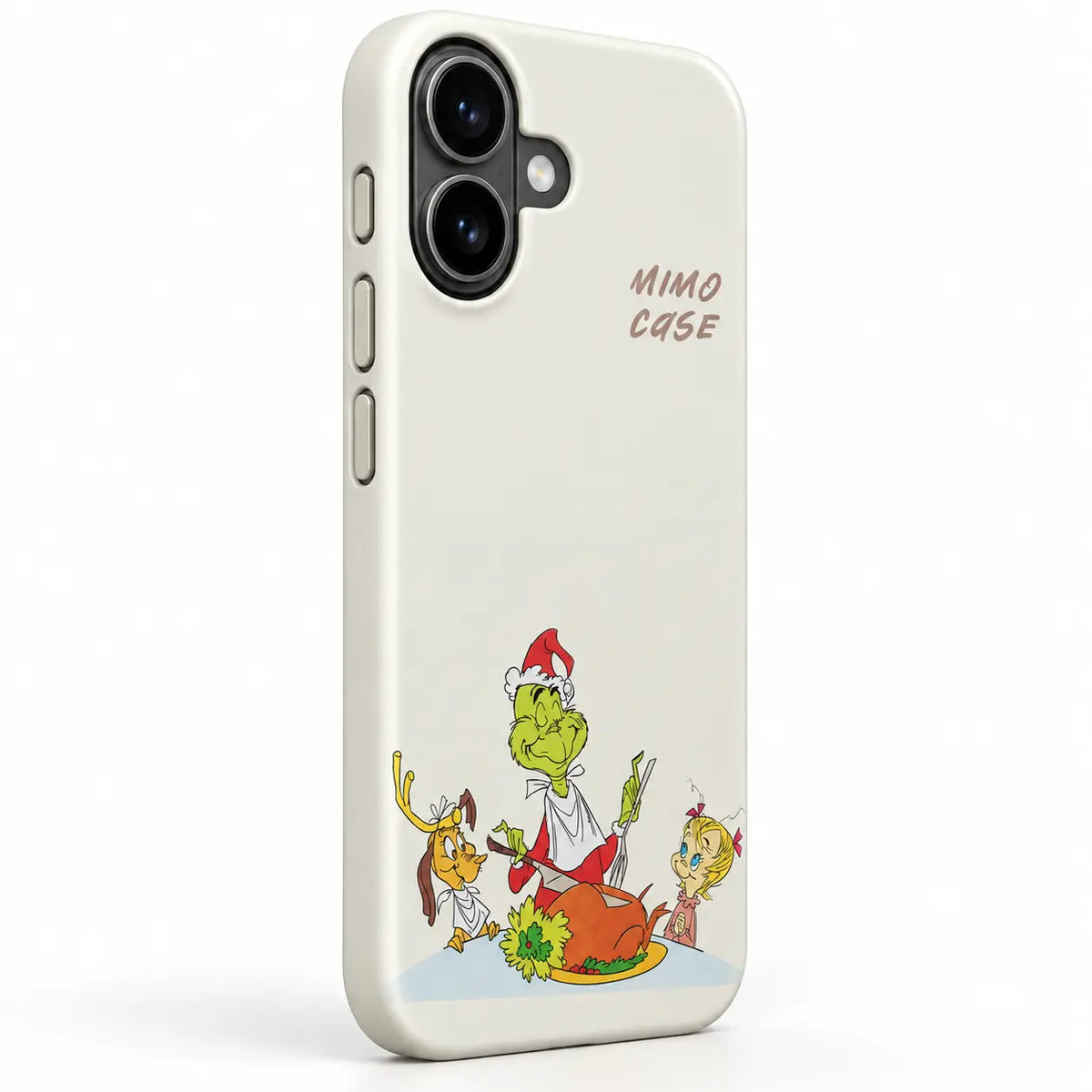 Side-button detail of the off-white Christmas iPhone case with three precision buttons