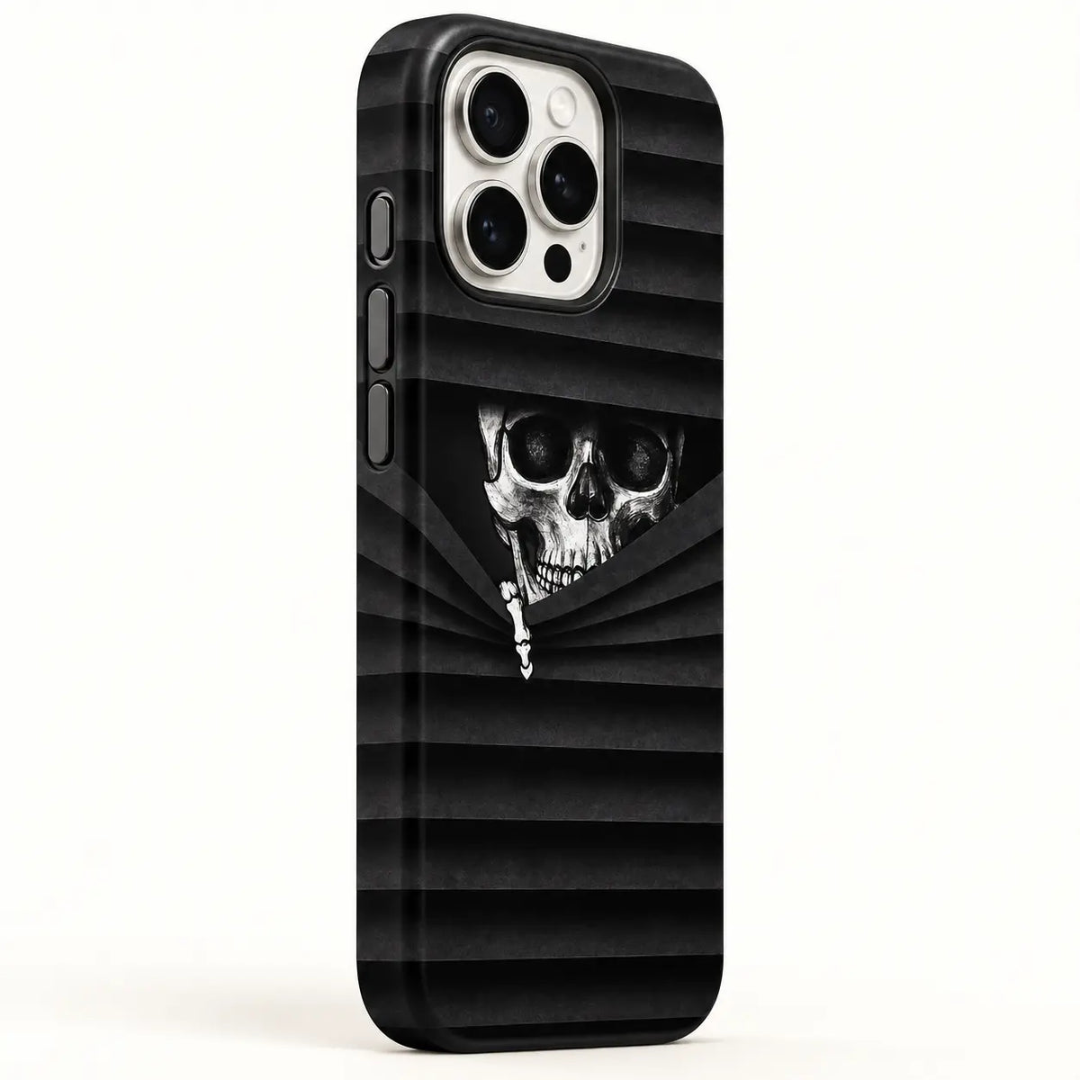 Three side button details on Peeking Skull iPhone case