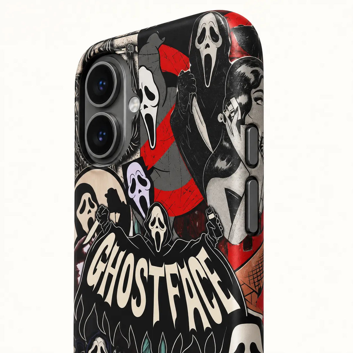 Side button detail of the Ghostface horror collage iPhone case
