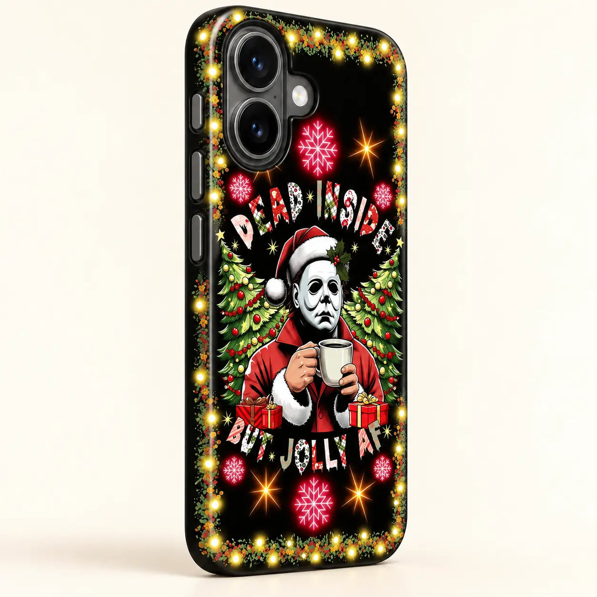 Side view of three iPhone buttons on the black Dead Inside But Jolly Christmas phone case