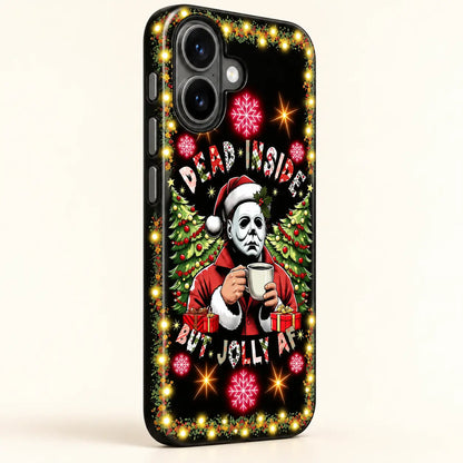Side view of three iPhone buttons on the black Dead Inside But Jolly Christmas phone case