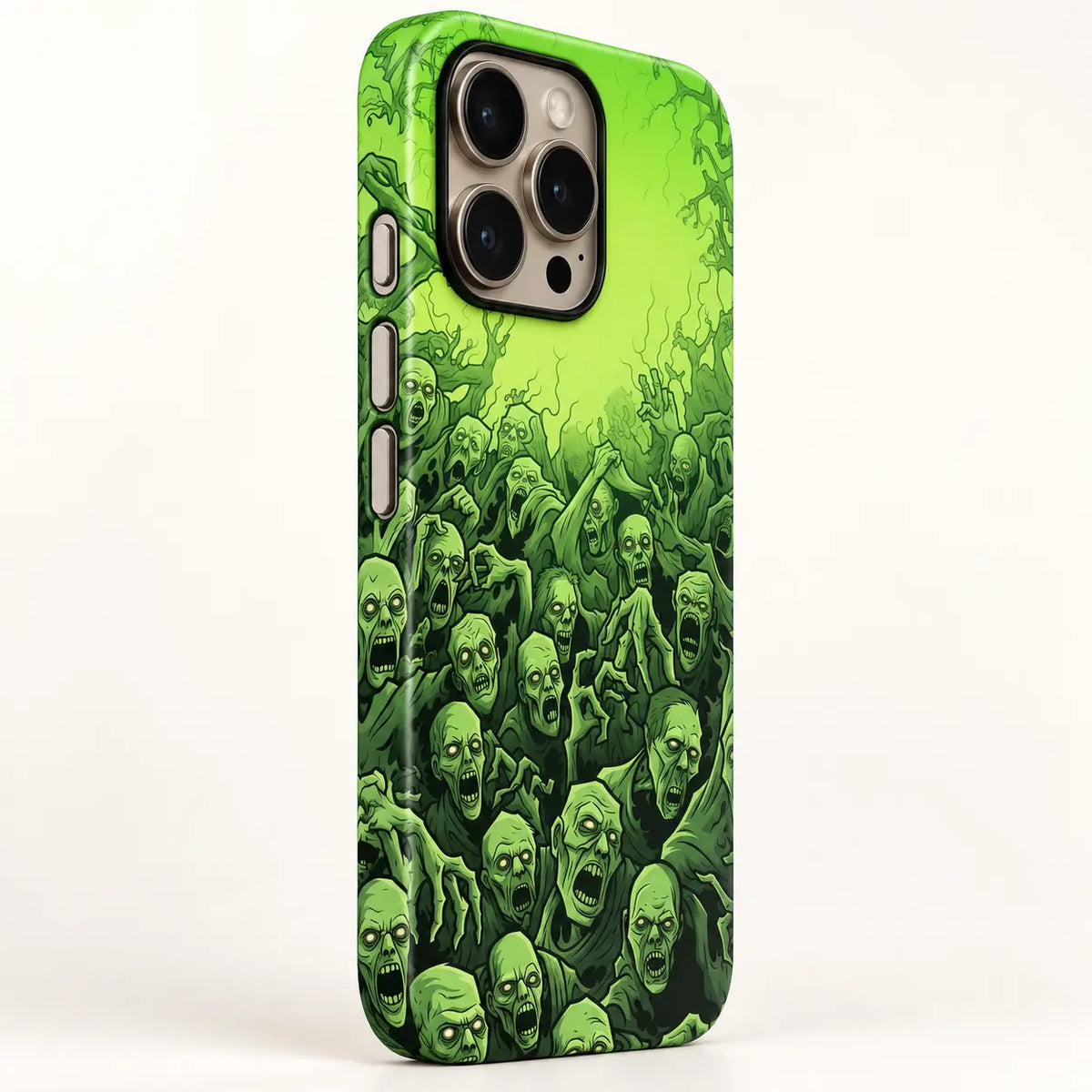 Three side button details on Toxic Green Horde iPhone case