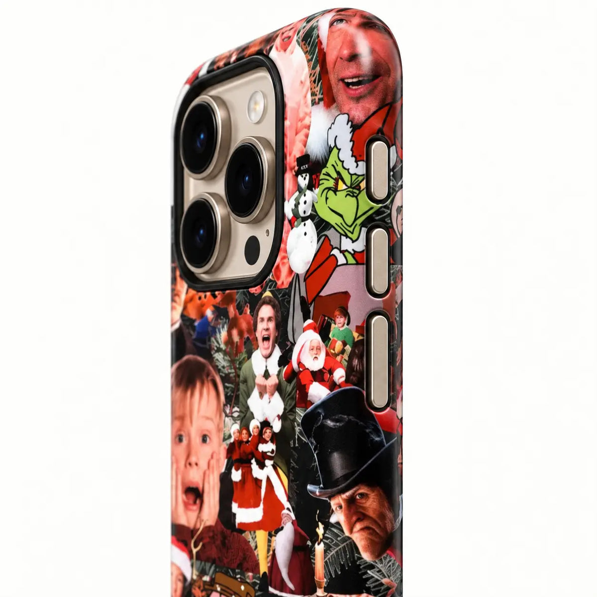 Side-button detail of the Christmas collage iPhone case with three precision buttons