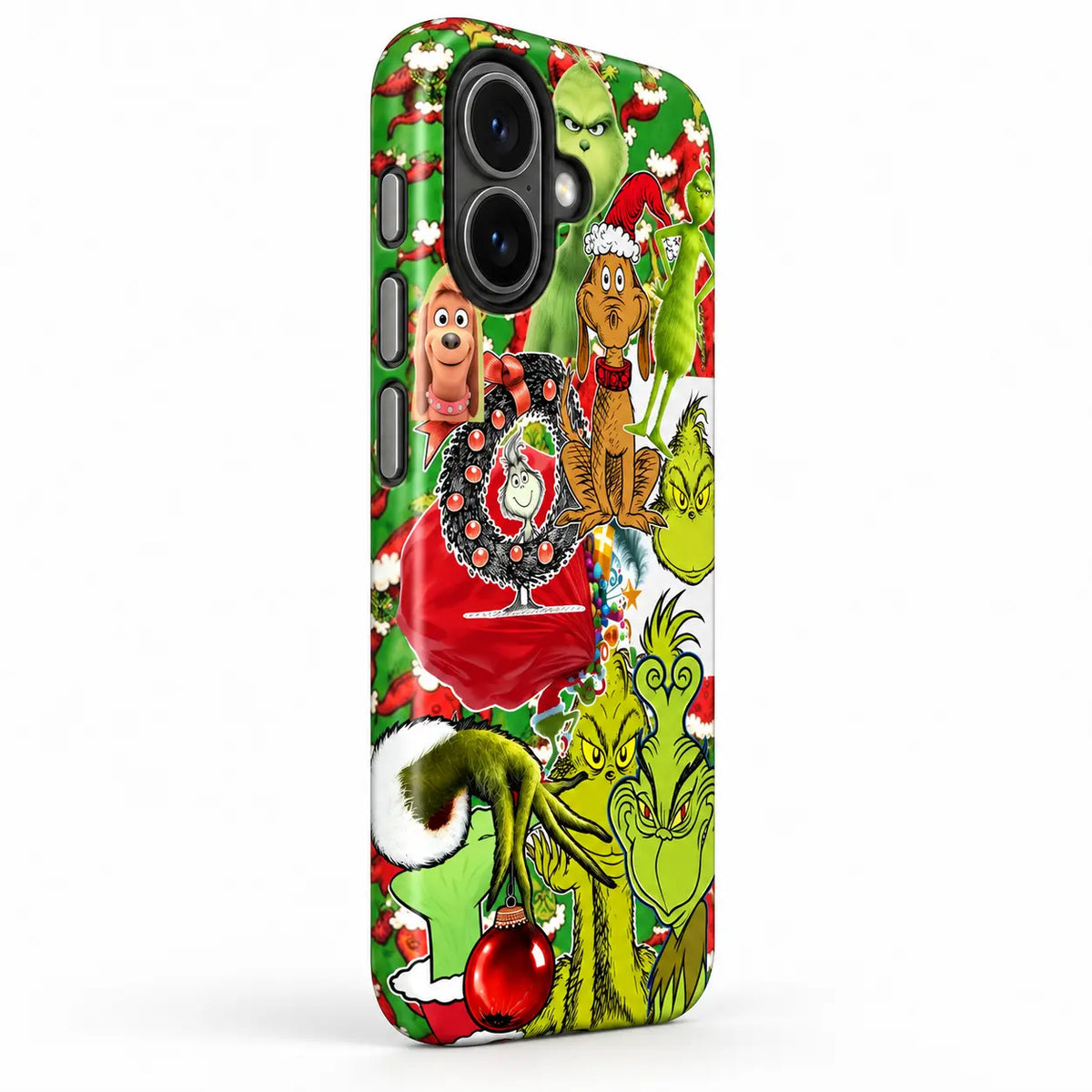 Side-button detail of the green collage iPhone case with three precision buttons