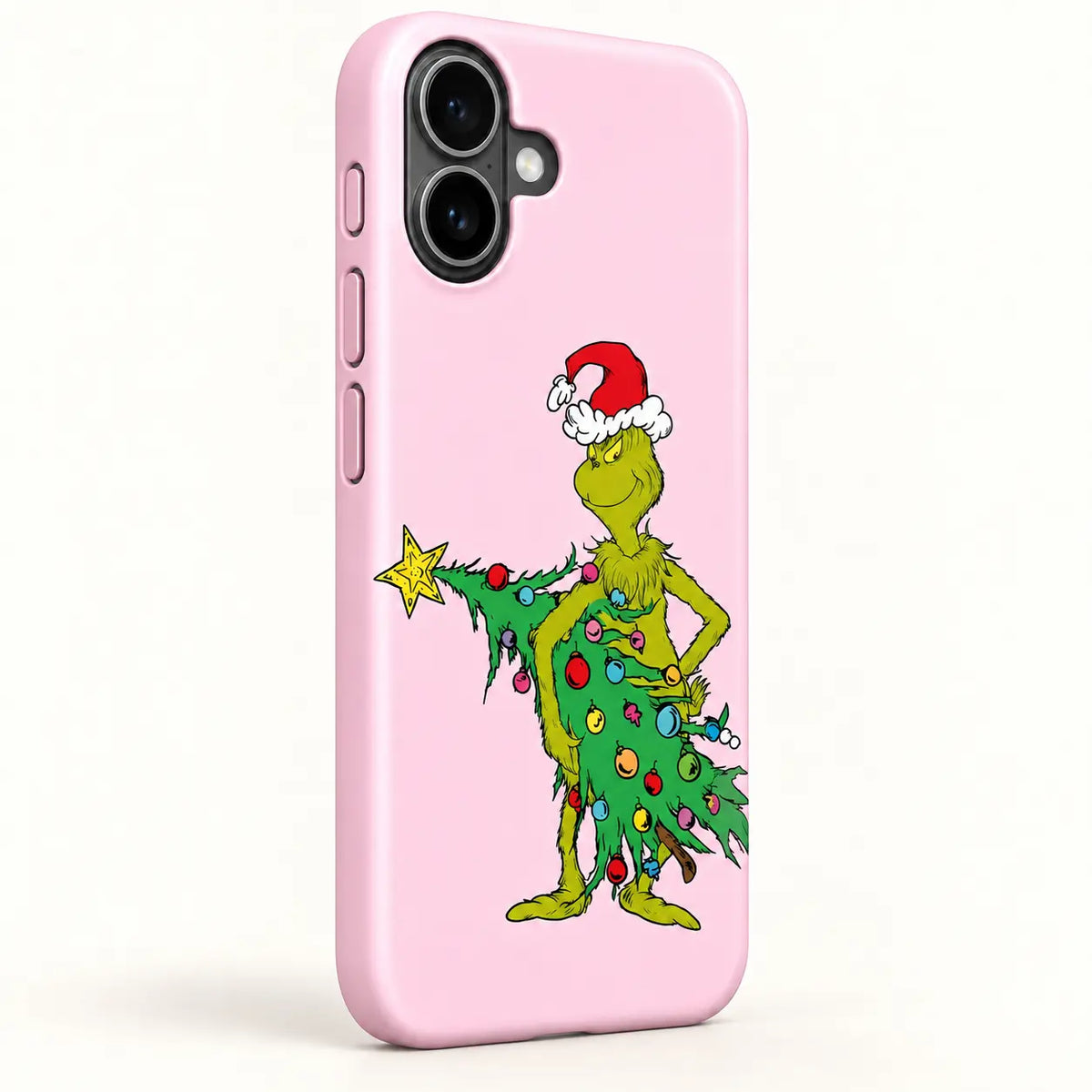 Side view showing three buttons on the Pink Mean One Christmas Tree phone case