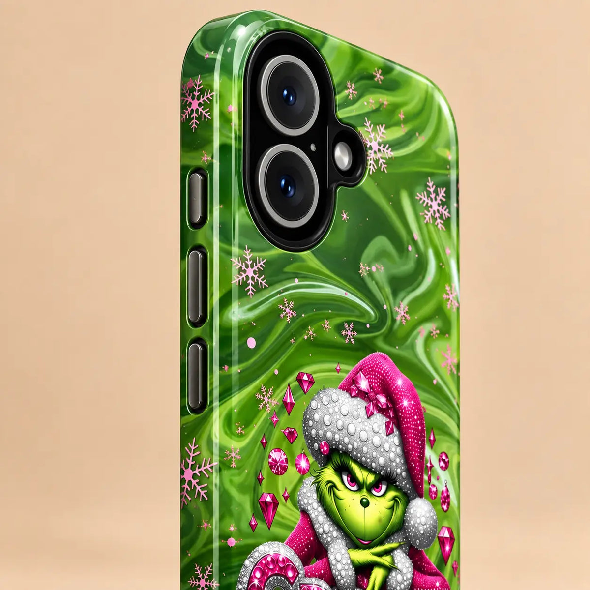Side view of three iPhone buttons on the Grinchy Pink Jewel phone case