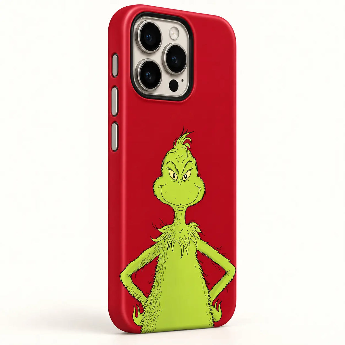 Side view showing three buttons on the Red Mean One Christmas phone case