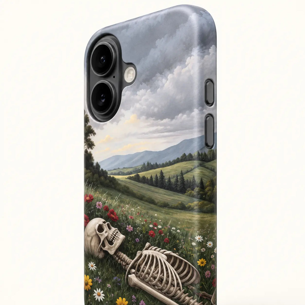 Side button detail of the WAIT skeleton meadow iPhone case
