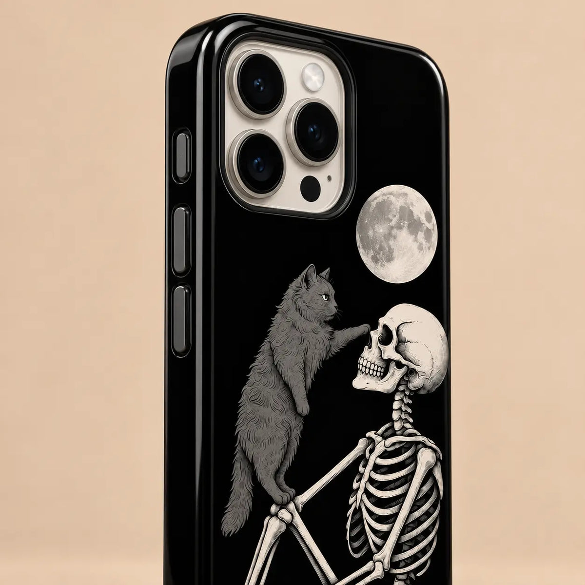 Side view of three iPhone buttons on the black gothic Halloween phone case
