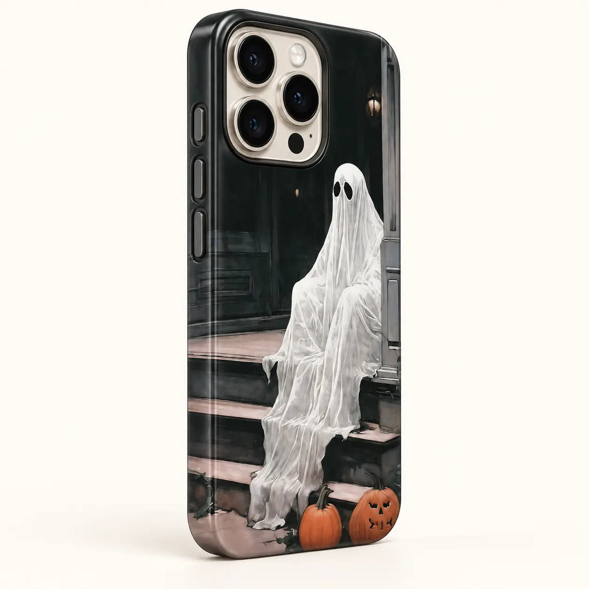USB-C and speaker opening detail on ghost and pumpkin phone case